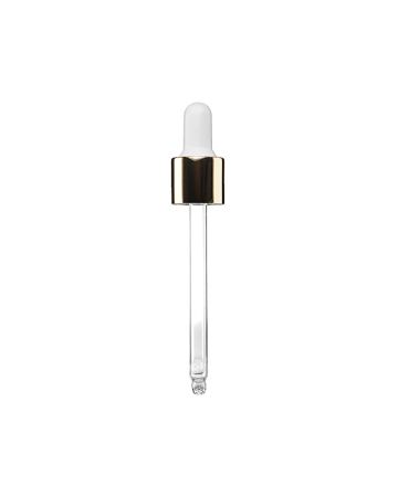 18-415 White PP Closure Shiny Gold Overshell White NBR Bulb Glass Pipette 7 x 87mm Rounded Tip - 1.55mm Orifice