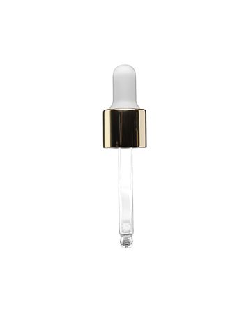 18-415 White PP Closure Shiny Gold Overshell White NBR Dropper Bulb Glass Pipette 7 x 61mm Round Tip - 1.55mm Orifice