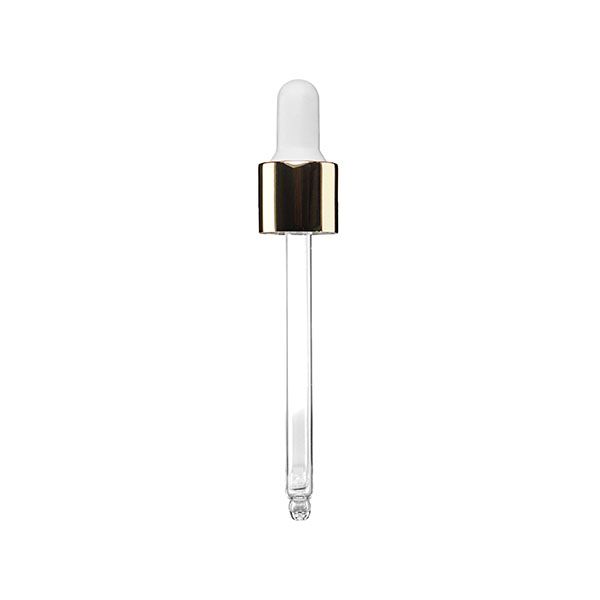18-415 White PP Closure Shiny Gold Overshell White NBR Bulb Glass Pipette 7 x 87mm Rounded Tip - 1.55mm Orifice