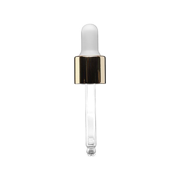 18-415 White PP Closure Shiny Gold Overshell White NBR Dropper Bulb Glass Pipette 7 x 61mm Round Tip - 1.55mm Orifice