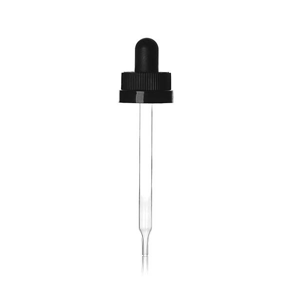 20-400 Black PP Rib Side Text Top Child Resistant Clear Glass Rubber Bulb Dropper Assembly With 0.8cc Orifice - 7 x 89 Pipette Length