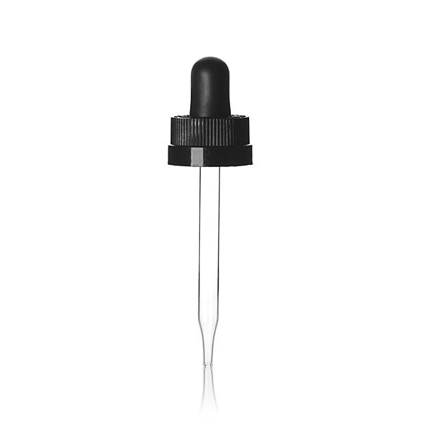 20-400 Black PP Rib Side Text Top Child Resistant Clear Glass Rubber Bulb Dropper Assembly With 0.8cc Orifice - 7 x 76 Pipette Length