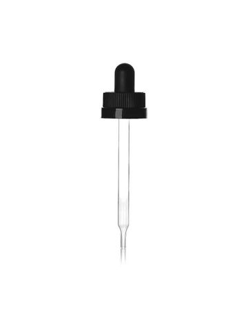 20-400 Black PP Rib Side Text Top Child Resistant Clear Glass Rubber Bulb Dropper Assembly With 0.8cc Orifice - 7 x 89 Pipette Length