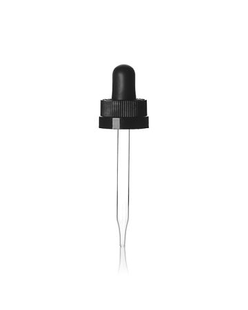 20-400 Black PP Rib Side Text Top Child Resistant Clear Glass Rubber Bulb Dropper Assembly With 0.8cc Orifice - 7 x 76 Pipette Length