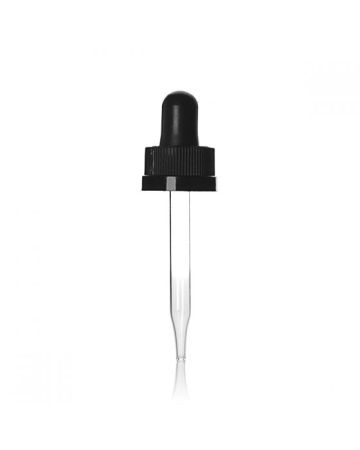 18-400 Black PP Rib Side Text Top Child Resistant Clear Glass Rubber Bulb Dropper Assembly With 0.8cc Orifice - 7 x 66 Pipette Length