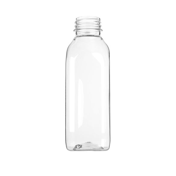 16 oz. Tall Square PET Clear Juice Bottle with Yellow Lid