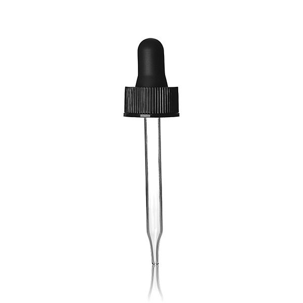 20-400 Black Rubber Bulb 7 x 76mm Clear Glass Pipette Dropper Assembly - 0.8cc Draw Orifice