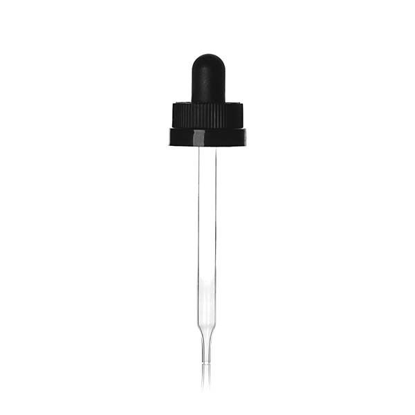 20-400 Black PP Rib Side Text Top Child Resistant Clear Glass Rubber Bulb Dropper Assembly With 0.8cc Orifice - 7 x 89 Pipette Length