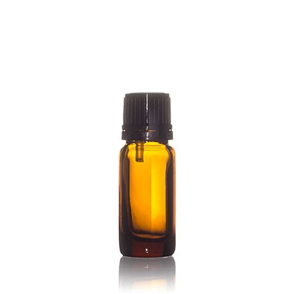 10ml Amber Glass Dropper Bottle Round with 0.9mm Vertical Dropper and Black Tamper Evident Screw Cap